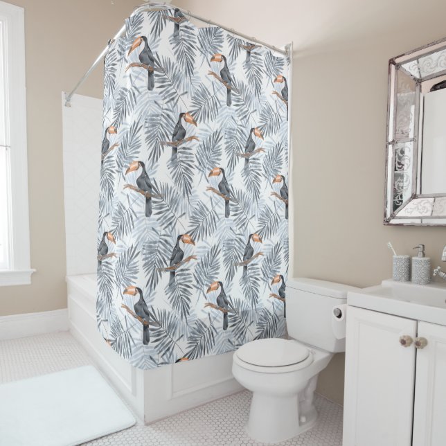 Pattern with toucan and gray palm leaves shower curtain (In Situ)