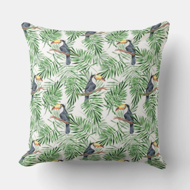 Pattern with toucan and green palm leaves throw pillow (Front)