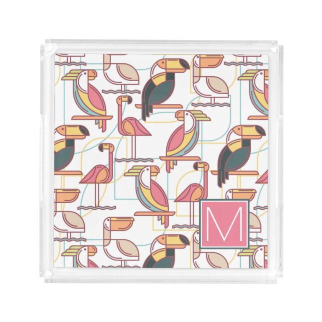 Pattern With Tropical Birds | Add Your Initial Acrylic Tray (Front)