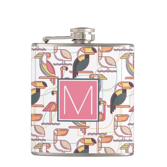 Pattern With Tropical Birds | Add Your Initial Flask (Front)