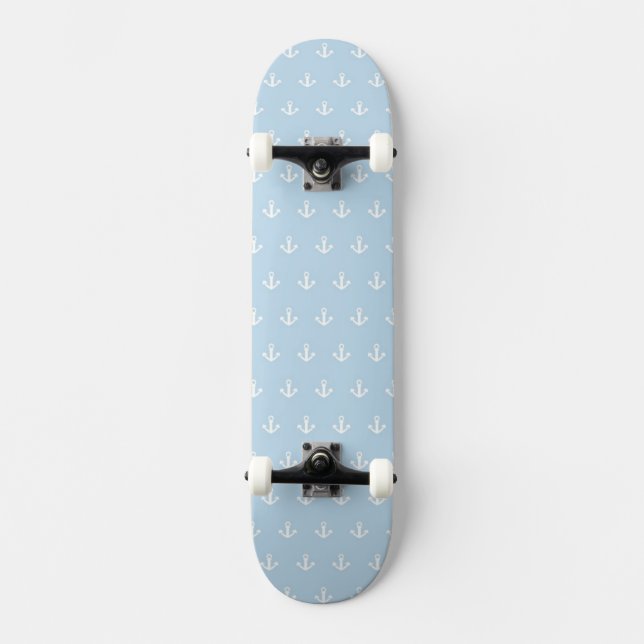 Pattern with white anchors on blue skateboard deck (Front)