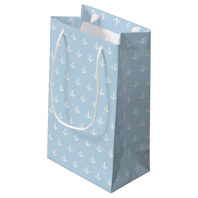 Pattern with white anchors on blue small gift bag (Back Angled)