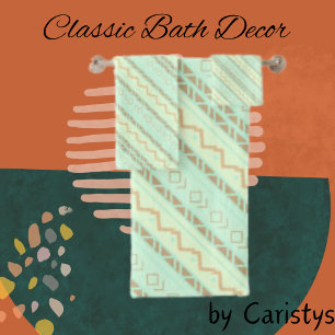 Patterned Aztec Blue, Teal, Linen Bath Towel Set