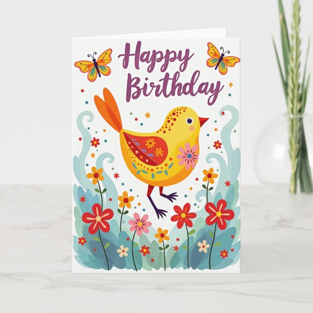Patterned Bird Birthday Card (Front)