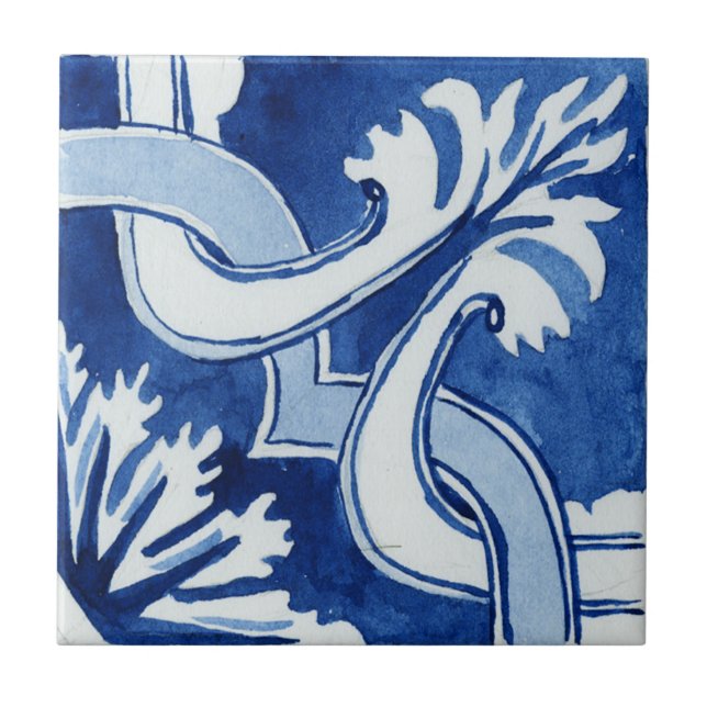 Patterned Blue & White Mediterranean Watercolor Ceramic Tile (Front)