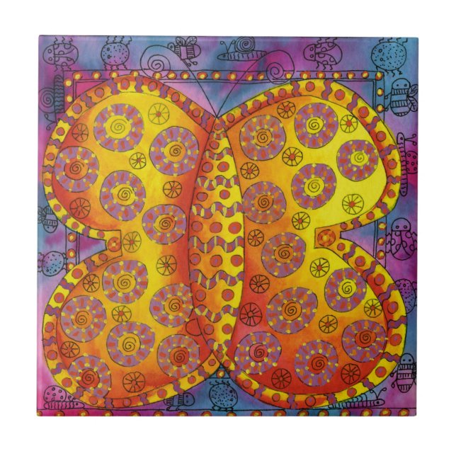 Patterned Butterfly Watercolour Illustration Ceramic Tile (Front)