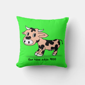 Patterned Cartoon Cow on Green with Moo Throw Pillow