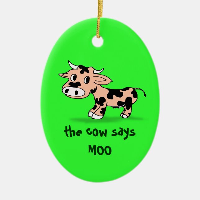 Patterned Cartoon Moo Cow on Green Ceramic Ornament (Front)