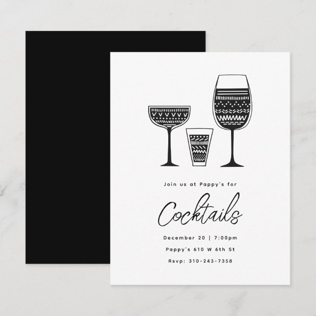 Patterned Cocktails Black and White Cocktail Party Invitation (Front/Back)