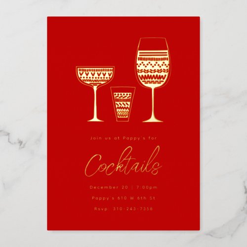 Patterned Cocktails Cocktail Party Red Gold Foil Invitation