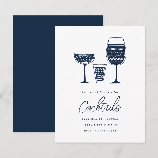 Patterned Cocktails Navy Blue Cocktail Party Invitation (Front/Back)