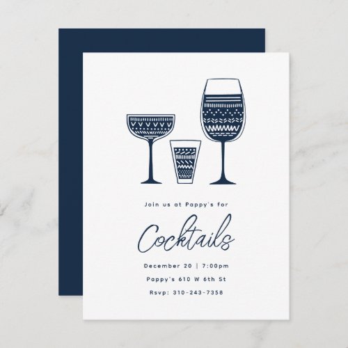 Patterned Cocktails Navy Blue Cocktail Party Invitation