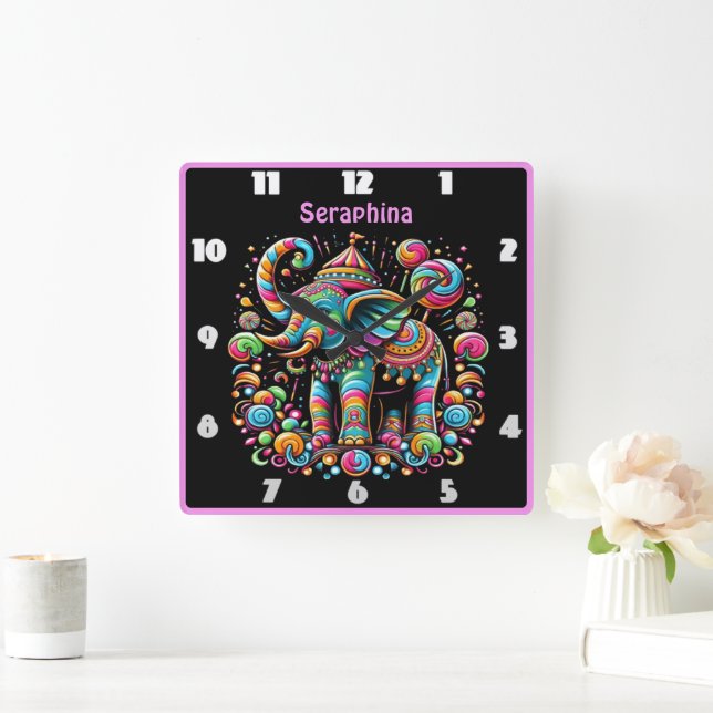 Patterned colorful elephant celebration square wall clock (Home)