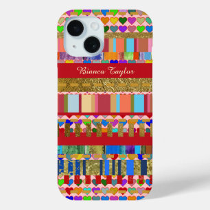 patterned . colorful stripes & hearts iPhone 15 case