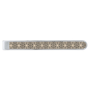 patterned cream cross black abstract shapes silver finish tie clip