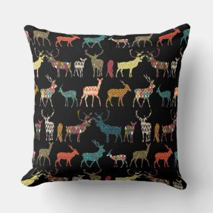 patterned deer black throw pillow