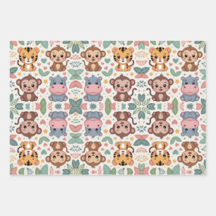 Patterned design featuring cartoon animals wrapping paper sheets