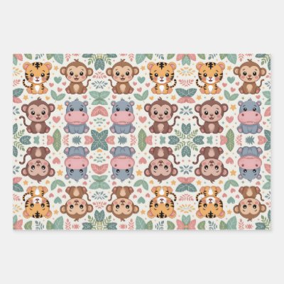 Patterned design featuring cartoon animals  wrapping paper sheets