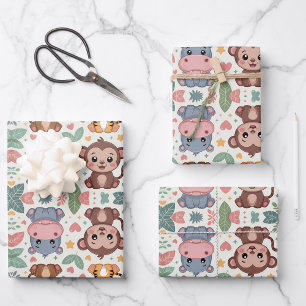 Patterned design featuring cartoon animals wrapping paper sheets