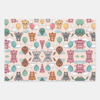 Patterned design featuring colorful cartoon animal wrapping paper sheets