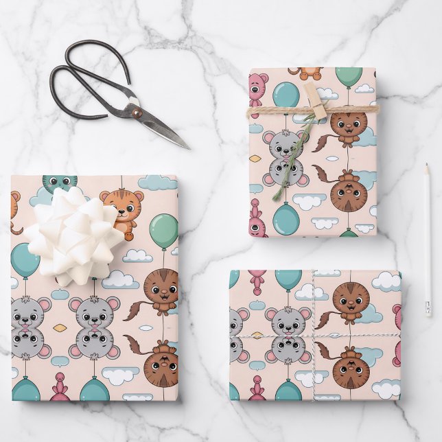 Patterned design featuring colorful cartoon animal wrapping paper sheets (Creator Uploaded)
