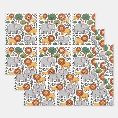 Patterned design featuring elephants, lions. wrapping paper sheets