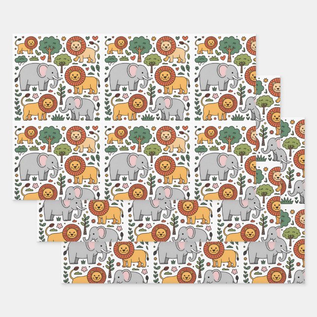 Patterned design featuring elephants, lions. wrapping paper sheets (Creator Uploaded)
