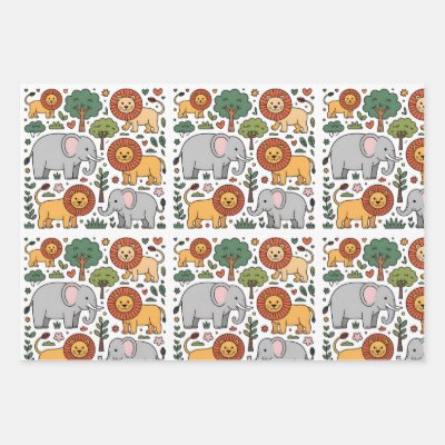 Patterned design featuring elephants, lions. wrapping paper sheets