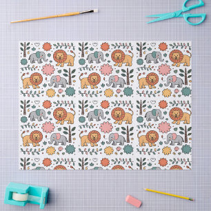 Patterned design with playful lions, elephants tissue paper