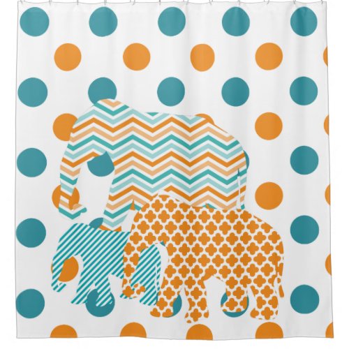 Patterned Elephants on Polka Dots Shower Curtain