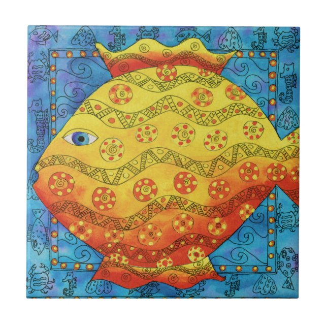 Patterned Fish Watercolour Illustration Ceramic Tile (Front)