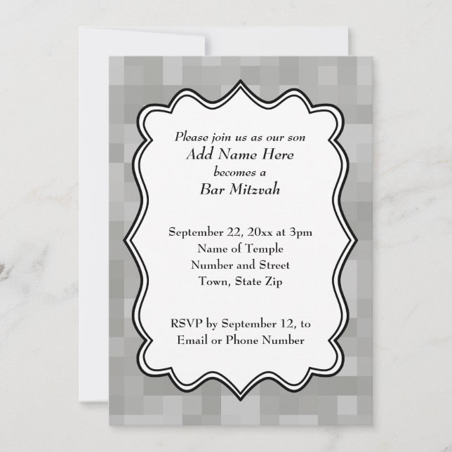 Patterned Gray, Black and White Bar Mitzvah Invitation (Front)