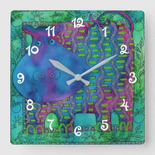 Patterned Hippo Square Wall Clock