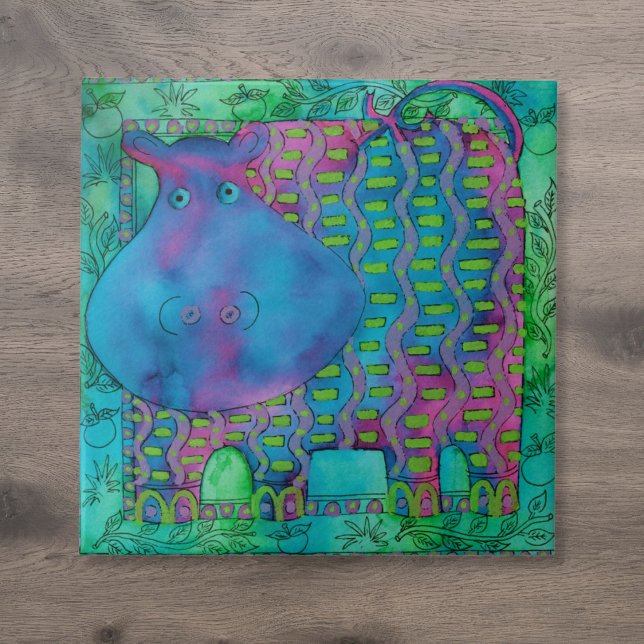 Patterned Hippo Watercolour Illustration Ceramic Tile (Patterned Hippo Watercolour Illustration Ceramic Tile)