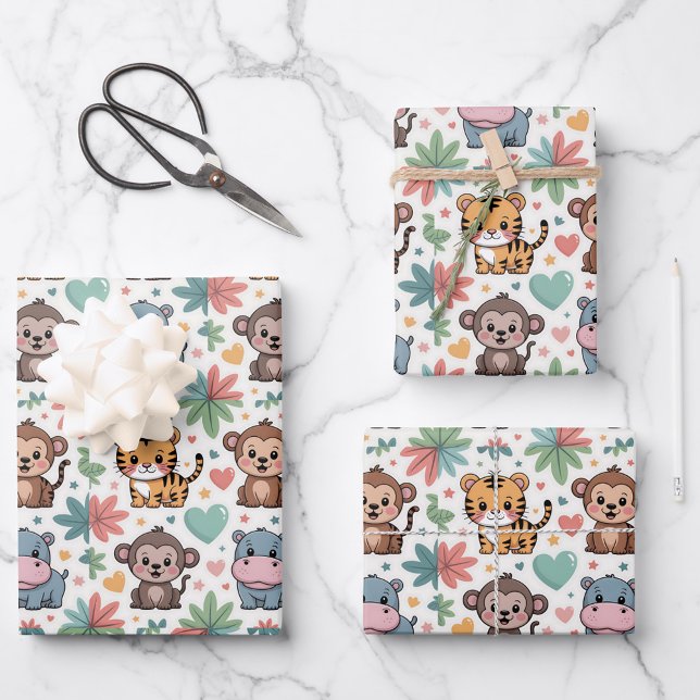 Patterned image featuring cartoon animals wrapping paper sheets (Creator Uploaded)