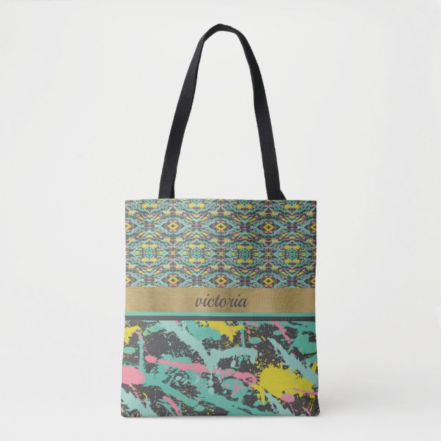 Patterned Paint Splatter Monogrammed Tote Bag (Front)