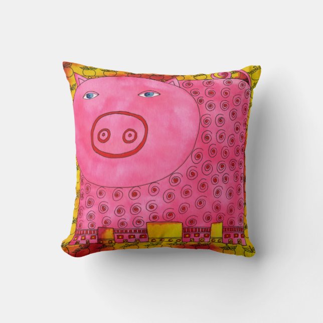 Patterned Pig Watercolour Illustration Throw Pillow (Front)