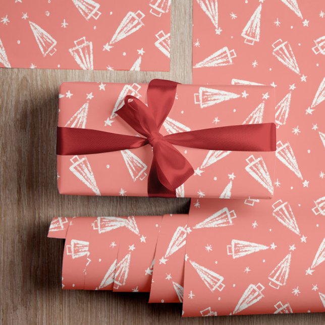 Patterned Pink Christmas Trees Wrapping Paper (A vintage pink background with a simple and beautiful white tree pattern will make perfect gift wrap)