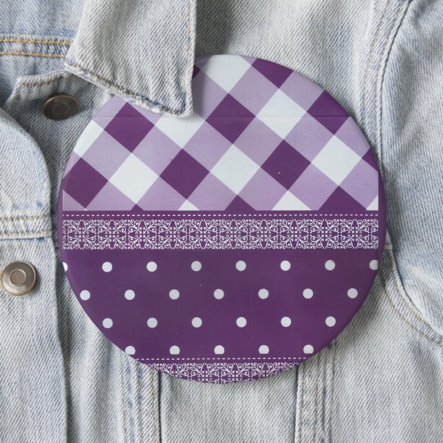 Patterned Prestige | Purple & White Damask & Check Pinback Button (In Situ)