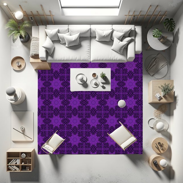 Patterned Purple and Black Rug (Dark purple hidden message star rug in a white room)
