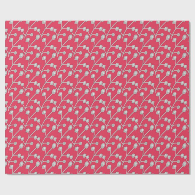 Patterned Silver-Grey Foliage on Bright Pink Red Wrapping Paper (Flat)
