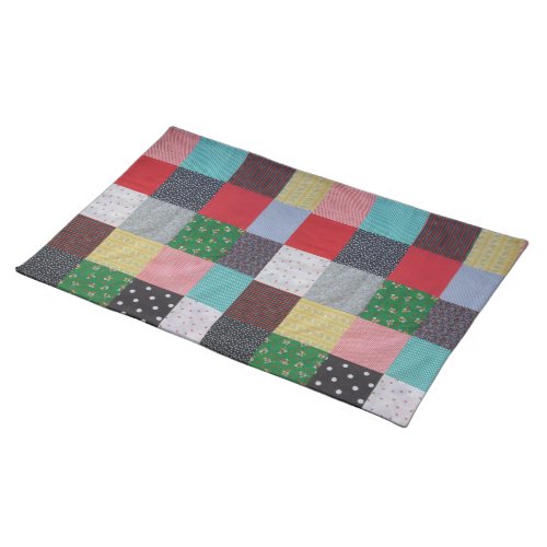 patterned squares of colorful vintage patchwork cloth placemat