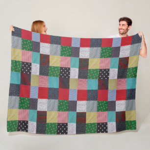 patterned squares of colorful vintage patchwork fleece blanket