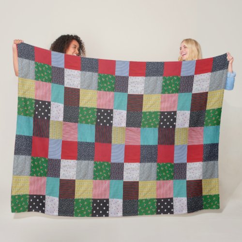 patterned squares of colorful vintage patchwork fleece blanket