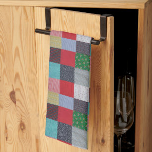 patterned squares of colorful vintage patchwork kitchen towel