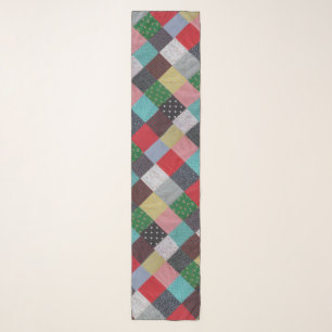 patterned squares of colorful vintage patchwork scarf