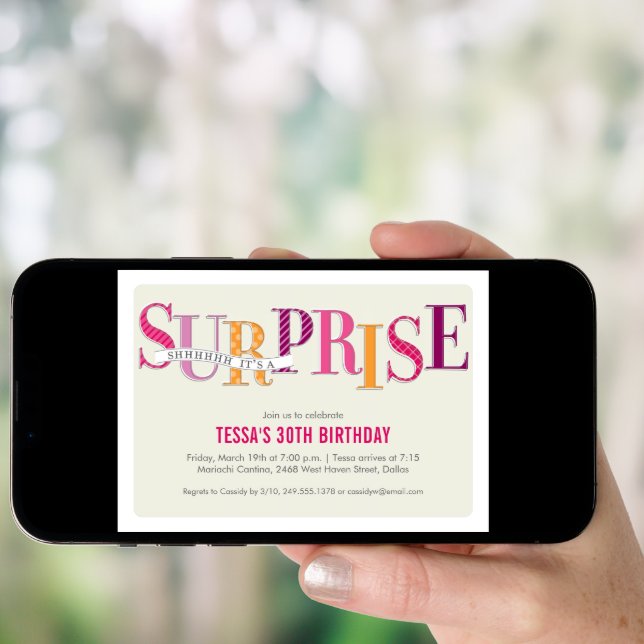Patterned Surprise Party Invitation in Pink (Front Digital)