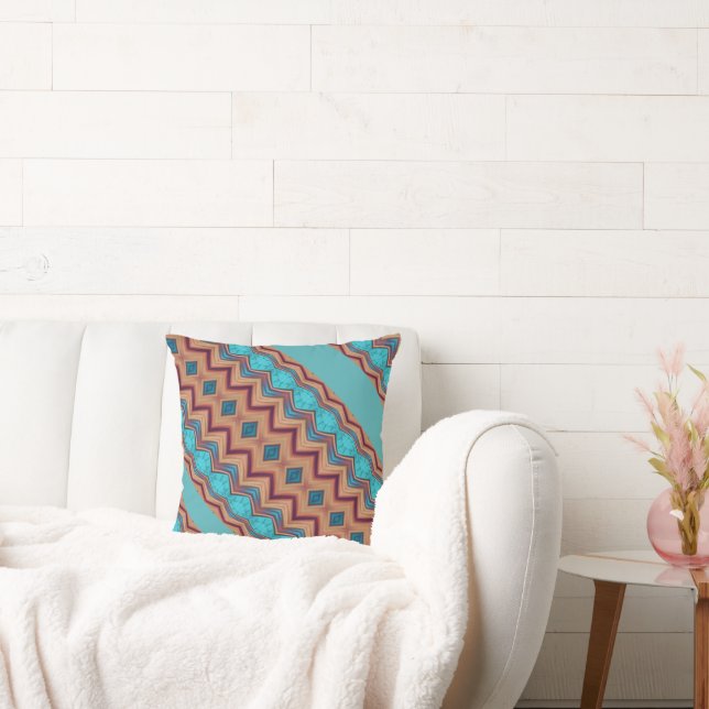 Patterned Teal, Rust, Brown Throw Pillow (Couch)