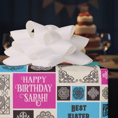 Patterned Tiles Birthday Add The Text Black White Wrapping Paper