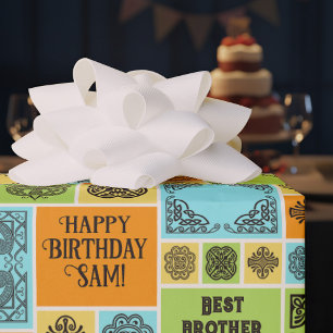 Patterned Tiles Birthday Add The Text Orange Green Wrapping Paper